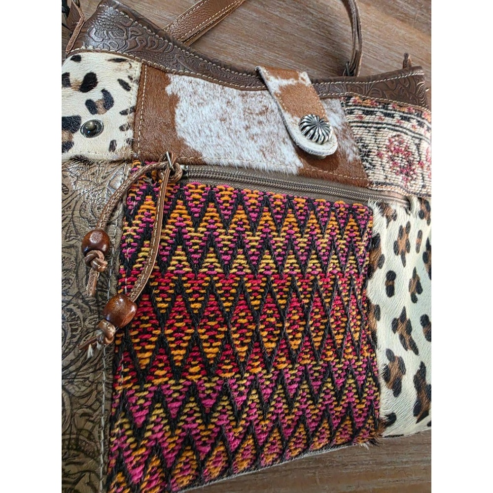 NWT Myra Womens Shoulder Bag Patchwork Leather Cowhide Leopard Print Bohemian - Picture 7 of 10